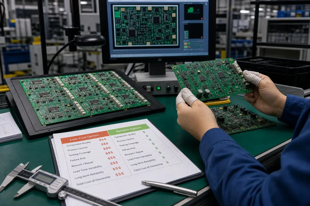 Engineer comparing populated circuit boards and quote assumptions at an electronics manufacturing bench