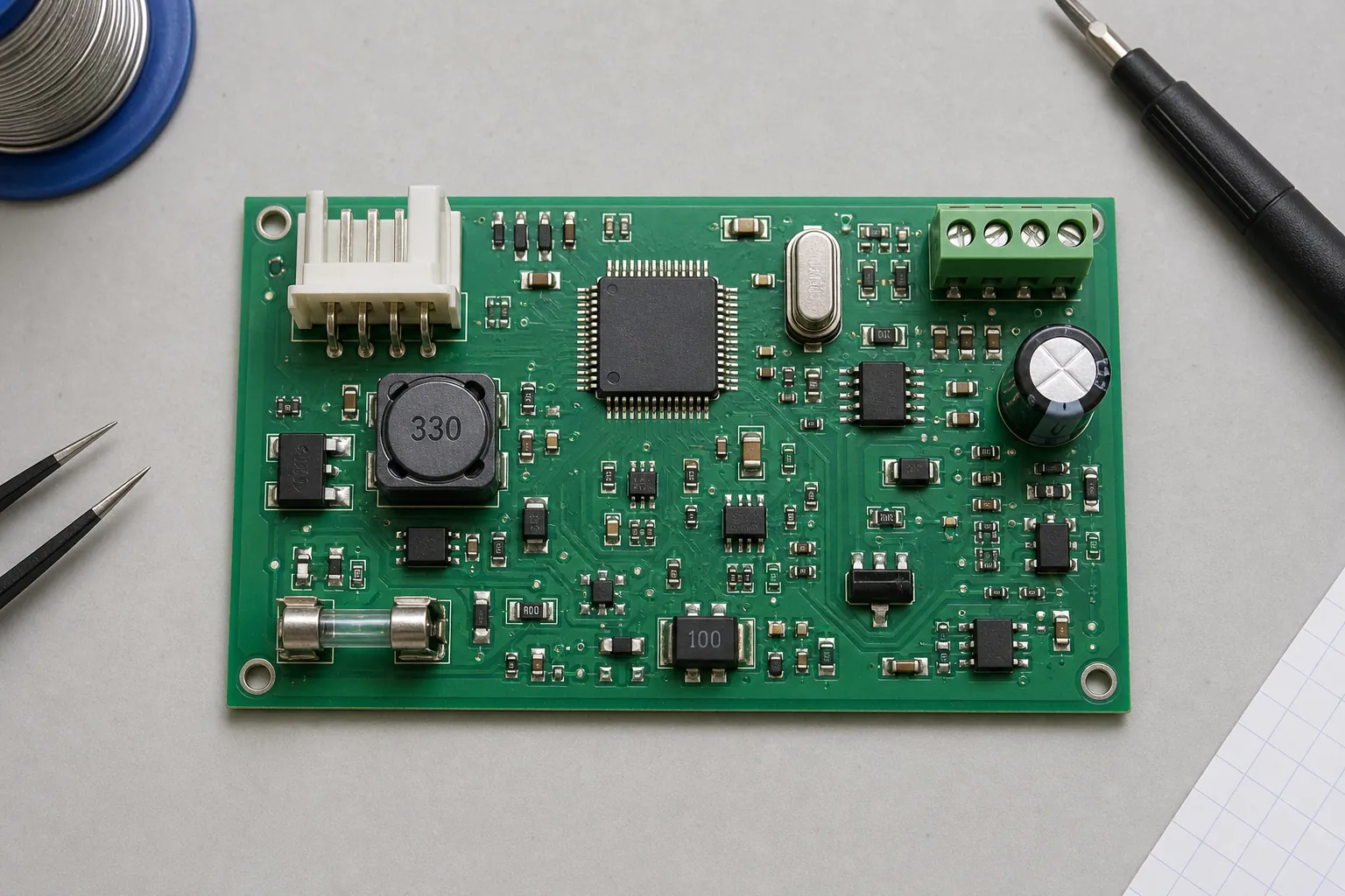 Top-down view of an assembled PCB showing passives, ICs, connectors, inductor, fuse, crystal, and electrolytic capacitor
