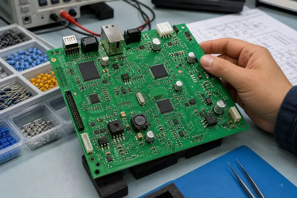 What Actually Shows Up on a PCBA Once the Bare Board Becomes a Working Assembly? 5 Engineer holding a populated PCBA with ICs, connectors, passives, and power components during assembly review