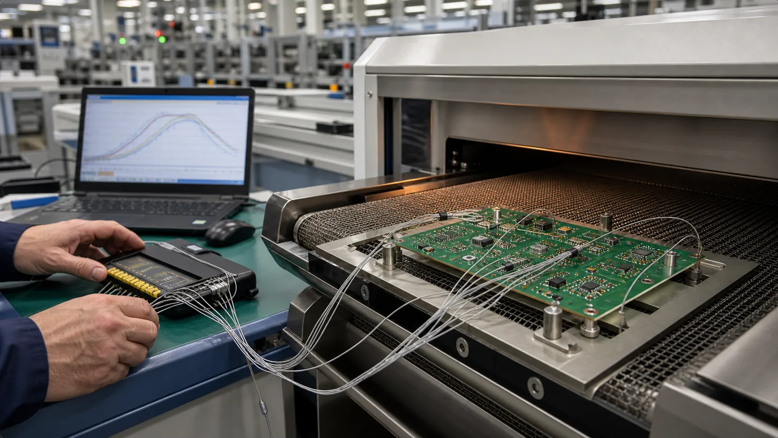 PCB test board with thermocouple wires being checked beside a convection reflow oven