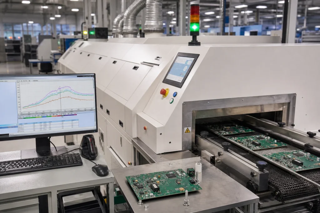 Convection reflow oven running populated PCBs through an SMT production line