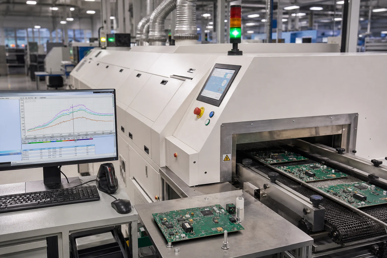 Convection reflow oven running populated PCBs through an SMT production line