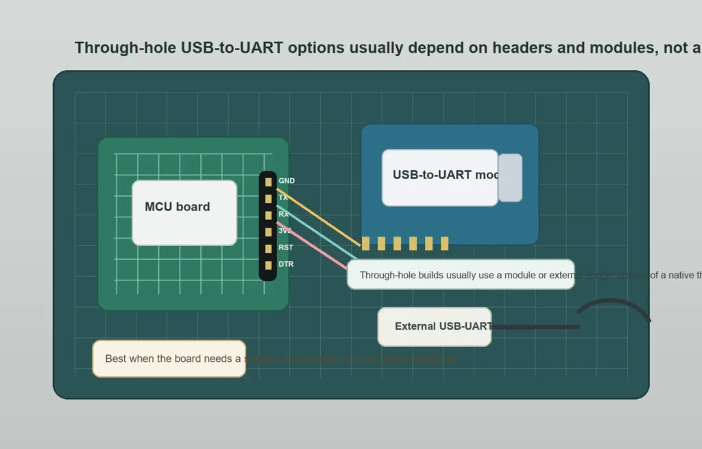 Bench-style graphic showing an MCU board header, a USB-to-UART module, and an external debug dongle for through-hole builds