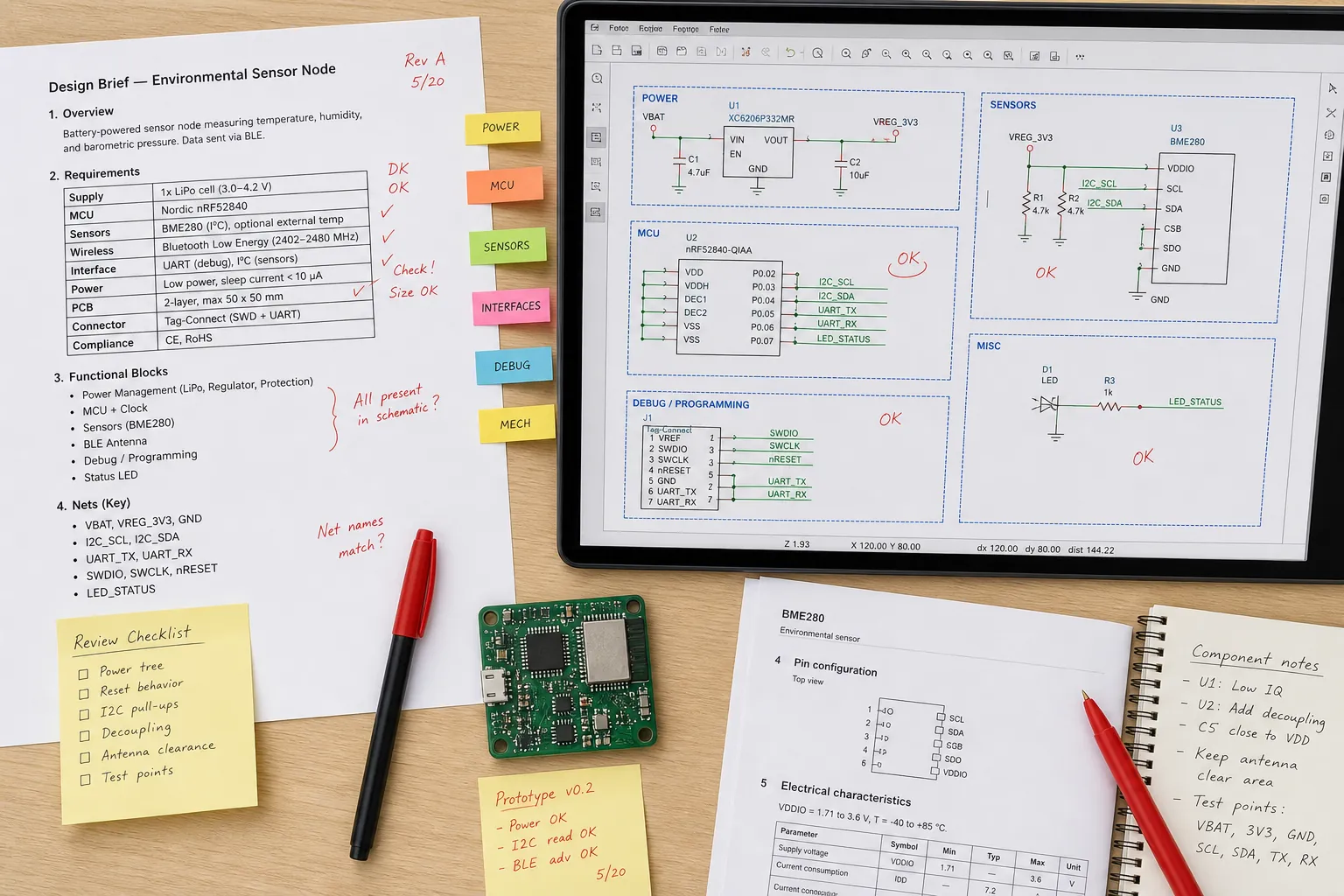 Cara membuat desain kicad dari teks tanpa kehilangan jaring, simbol, atau kontrol ERC 1 Structured text requirements beside a KiCad schematic review workflow on an engineering workstation
