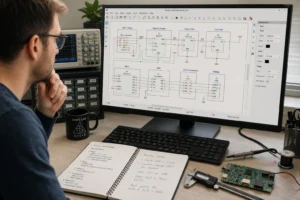 Технология поверхностного монтажа (SMT) 12 Engineer reviewing a KiCad schematic draft created from a structured text design brief on a workstation