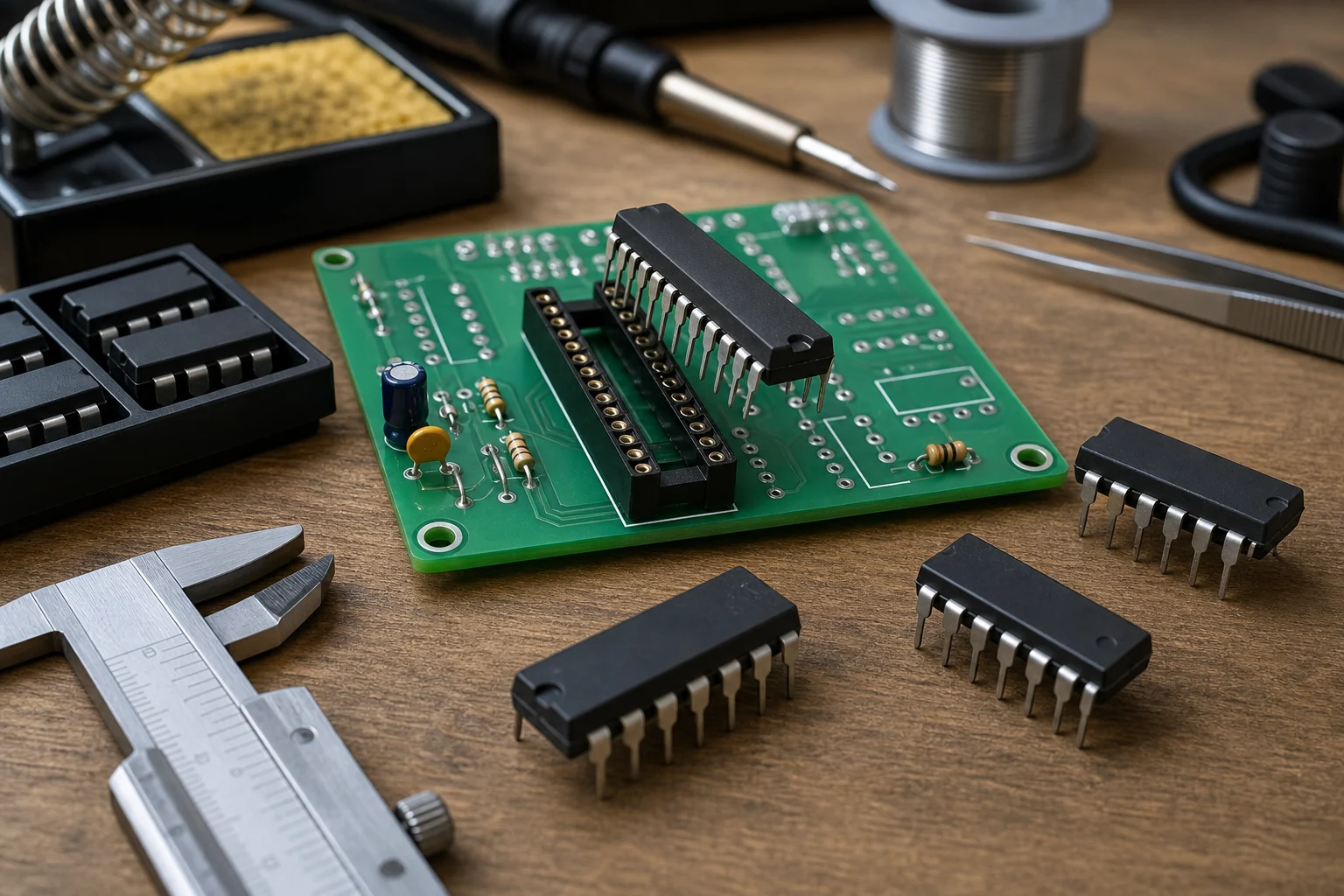 Dual inline package ICs beside a socketed through-hole PCB on an electronics workbench