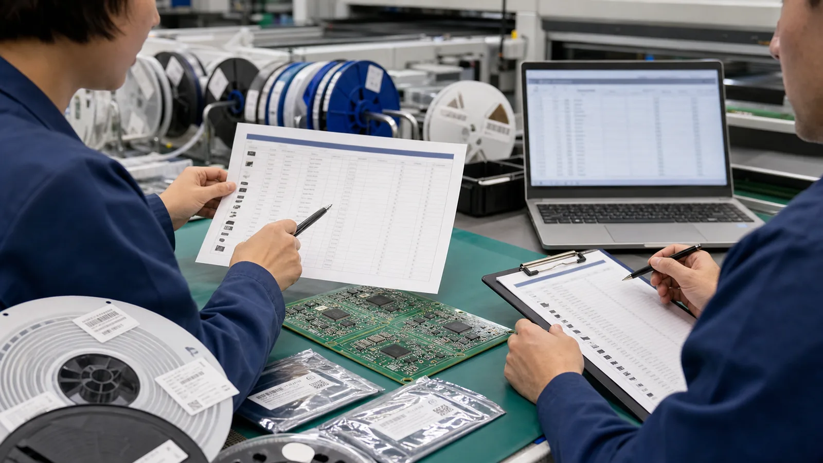 Engineers reviewing BOM documents, component reels, and a PCB panel before assembly release