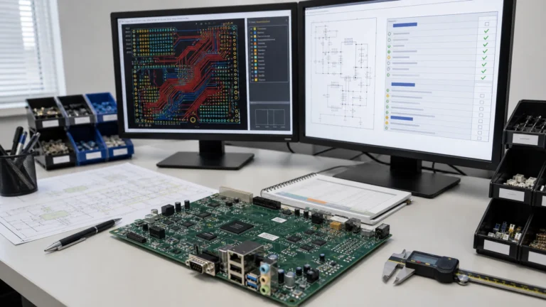 PCB design migration review workstation with a legacy board and engineering checklist