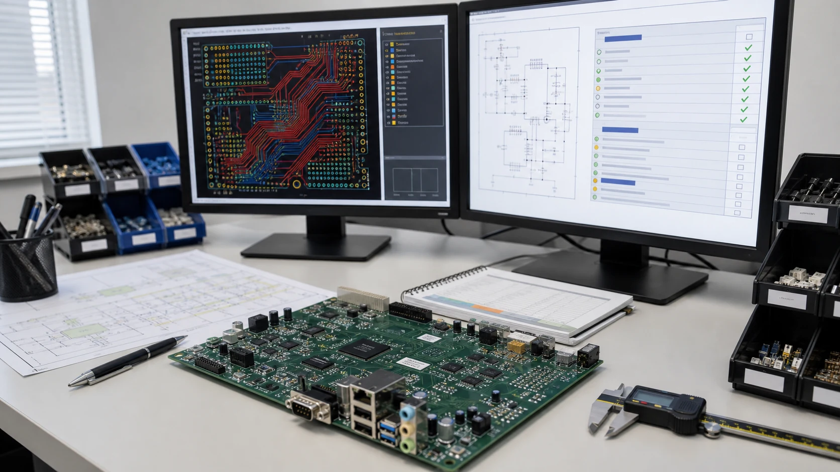 PCB design migration review workstation with a legacy board and engineering checklist