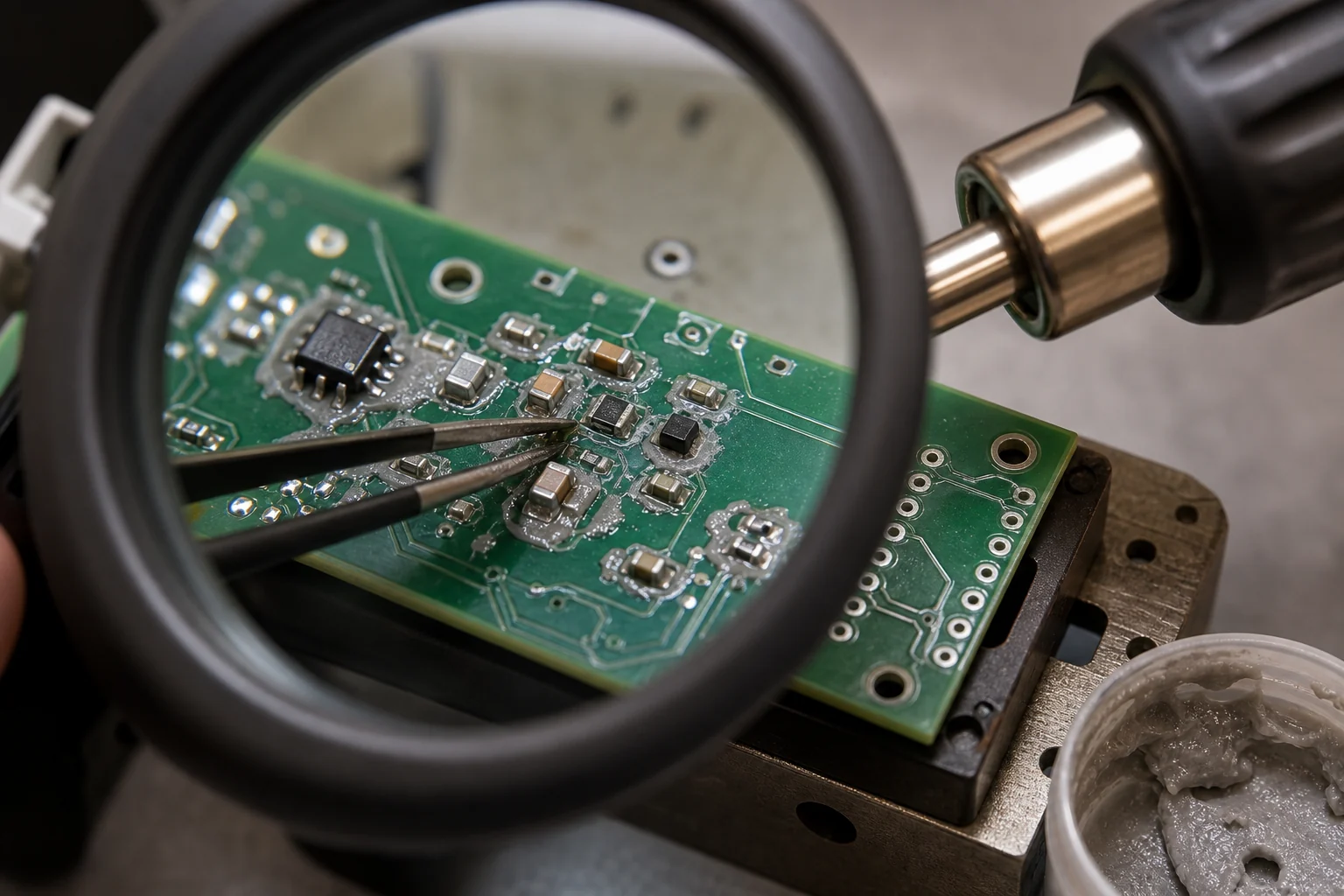Close-up of solder paste deposits and small SMT parts being checked during prototype hot air reflow on a PCB