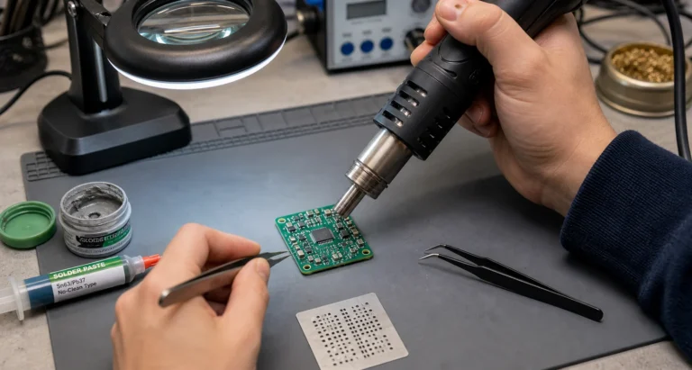 Engineer using a heat gun to reflow solder paste on a small SMT prototype PCB with tweezers and magnification nearby