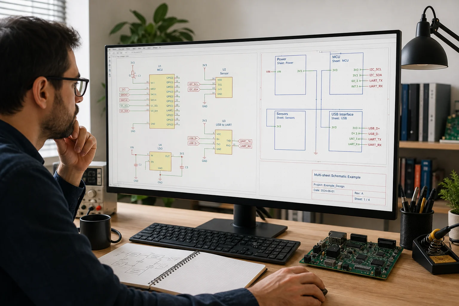 Engineer reviewing KiCad schematic net labels and sheet blocks on a multi-sheet PCB design