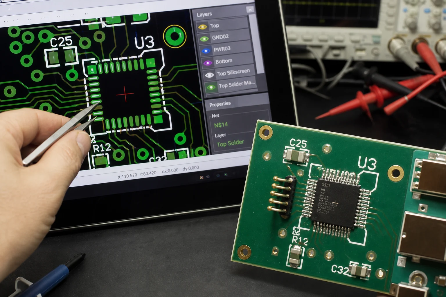 KiCad Silkscreen Clearance Problems Usually Start in the Footprint, Not the Fab Note 1 KiCad PCB layout zoom showing silkscreen outline close to solder mask opening beside fabricated board sample.