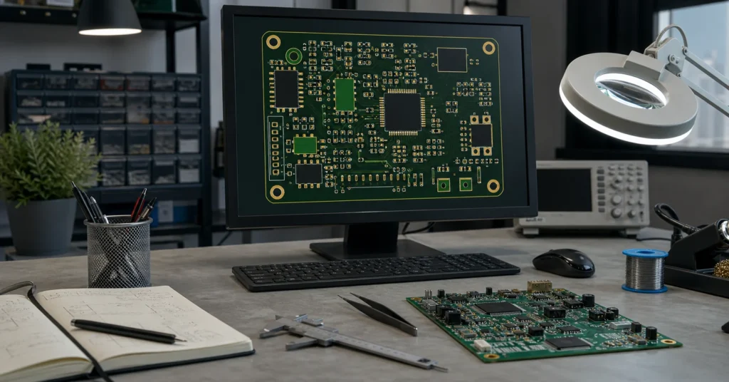 Engineer workstation with PCB layout on screen and assembled board illustrating KiCad silkscreen and solder mask clearance review.