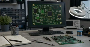Engineer workstation with PCB layout on screen and assembled board illustrating KiCad silkscreen and solder mask clearance review.