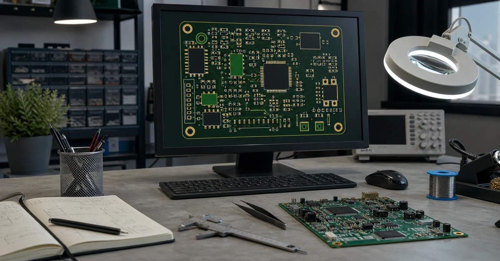 PCB Design 16 Engineer workstation with PCB layout on screen and assembled board illustrating KiCad silkscreen and solder mask clearance review.
