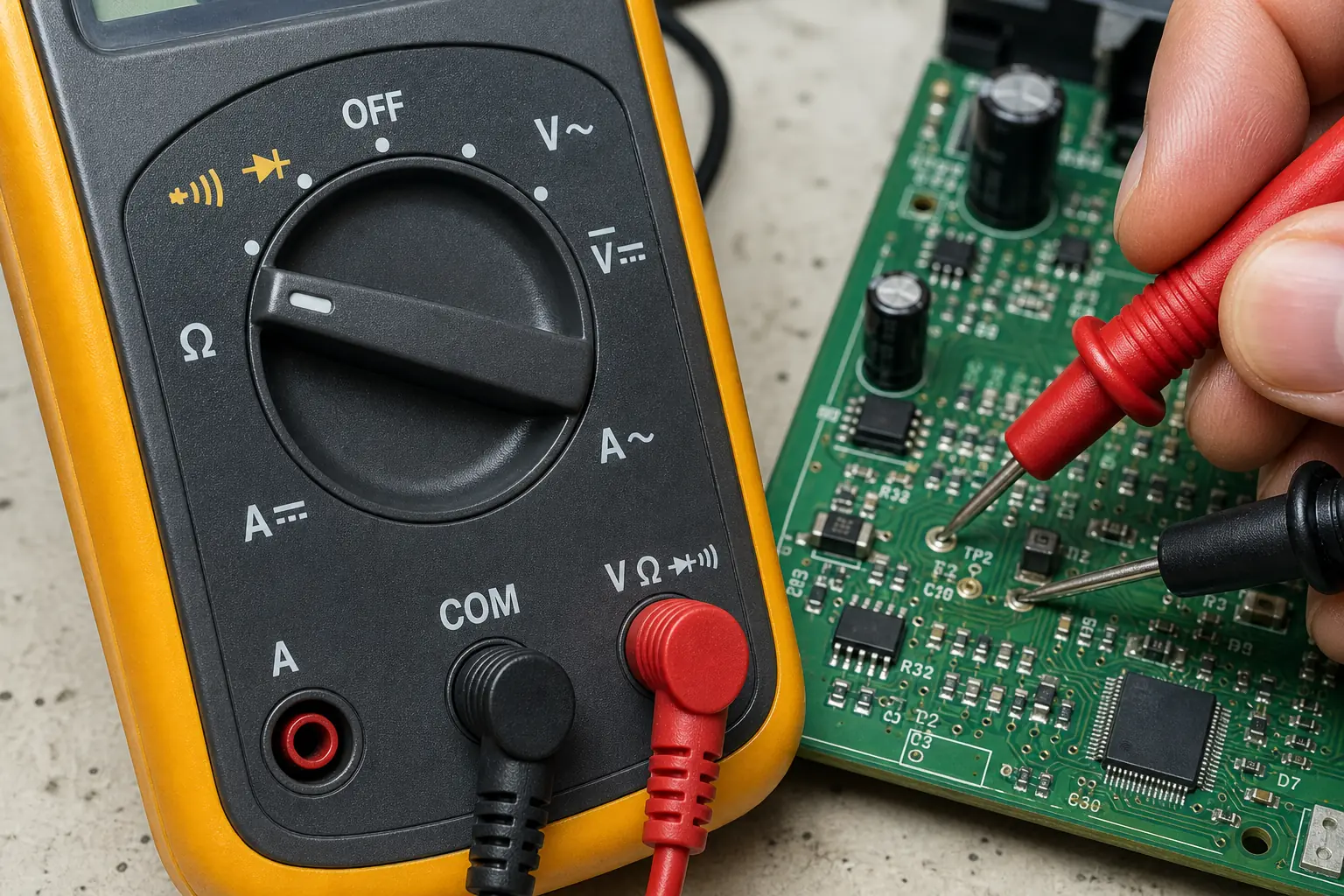 Close-up of multimeter continuity AC and DC symbols beside probes checking PCB test points