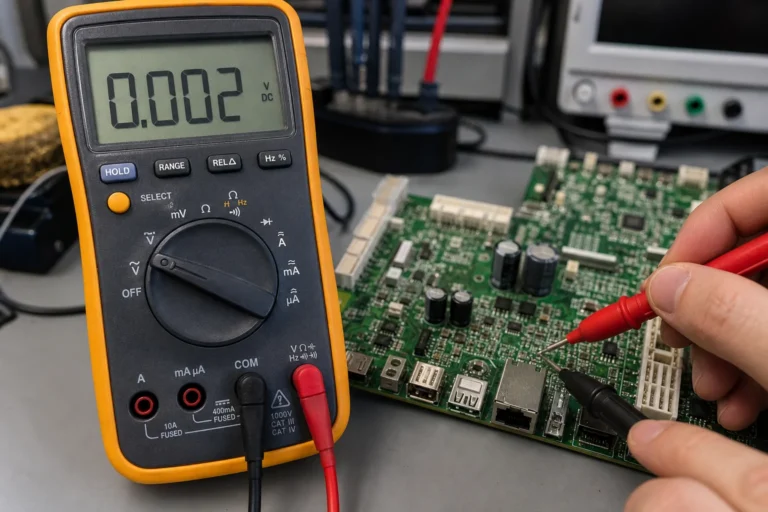 Digital multimeter showing dial symbols beside probes testing a populated PCB on an electronics bench