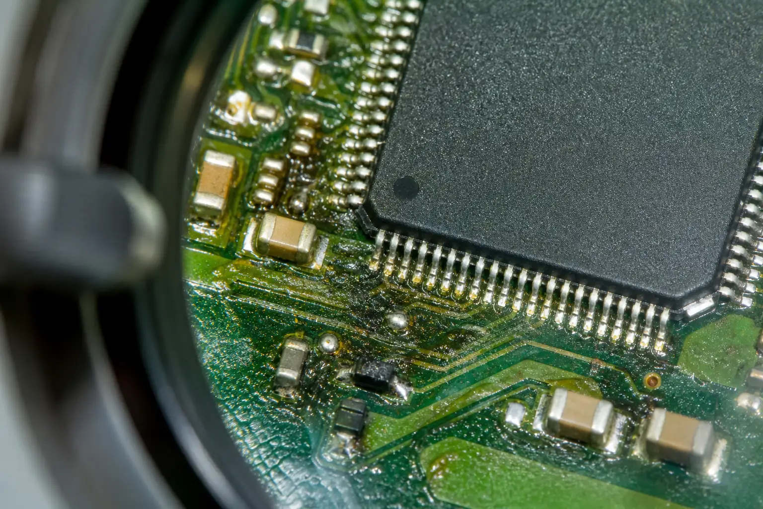 Close-up of flux residue around fine-pitch components on a populated PCB during post-soldering inspection under magnification.