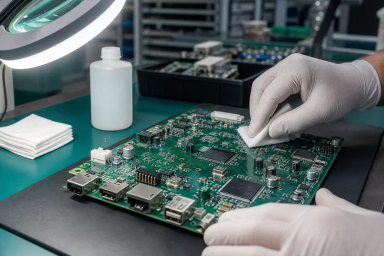 Technician evaluating a populated PCB assembly beside cleaning fluid, lint-free wipes, and inspection lighting after soldering.