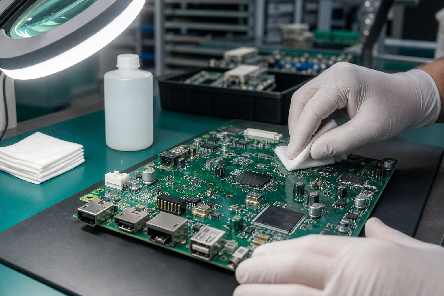 Technician evaluating a populated PCB assembly beside cleaning fluid, lint-free wipes, and inspection lighting after soldering.