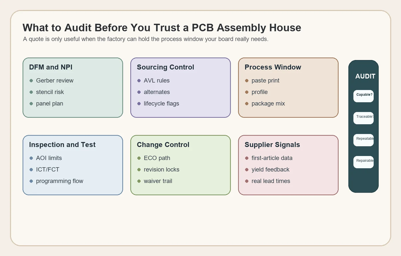 Checklist graphic showing DFM, sourcing control, process window, inspection, test, and change control for evaluating a PCB assembly house