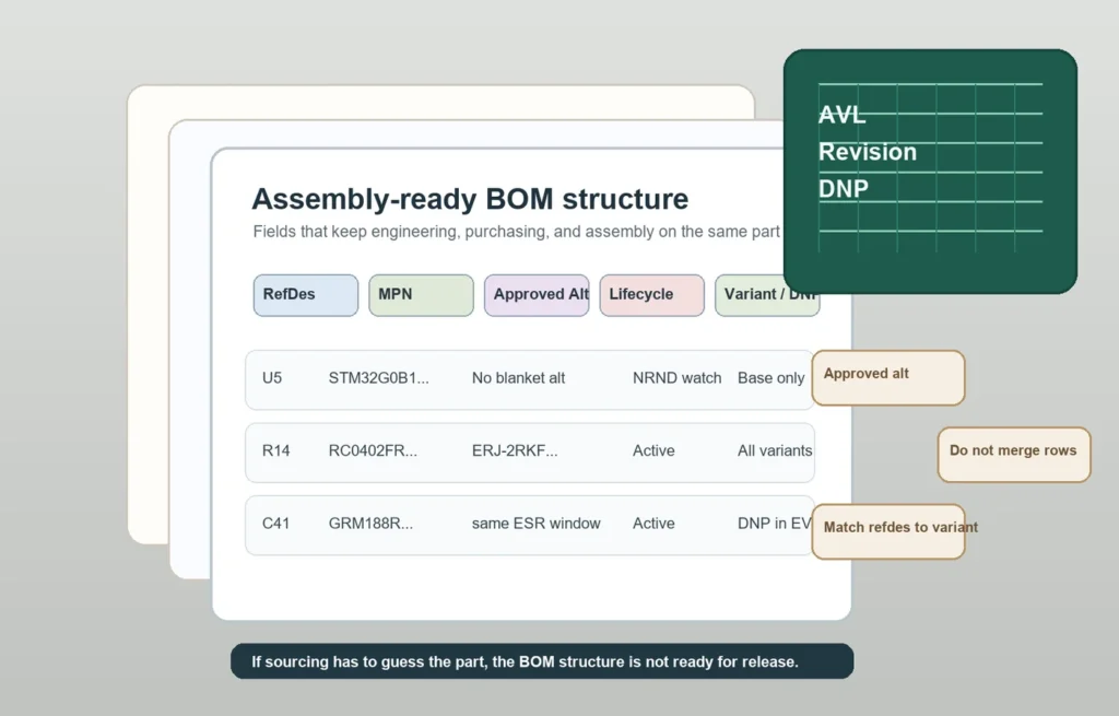 A PCB BOM Structure Should Survive Purchasing, Assembly, and Revision Pressure 2 Diagram showing a PCB BOM release sheet with RefDes, MPN, alternate, lifecycle, and variant fields