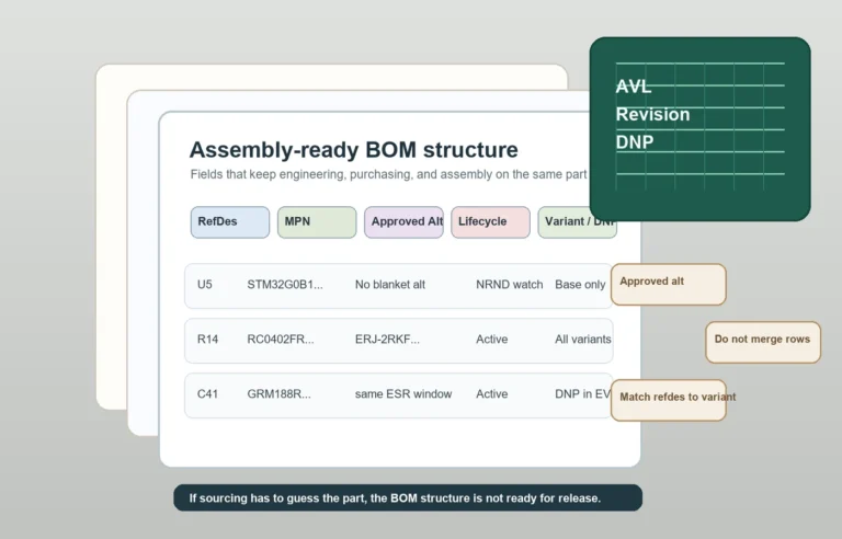 Diagram showing a PCB BOM release sheet with RefDes, MPN, alternate, lifecycle, and variant fields