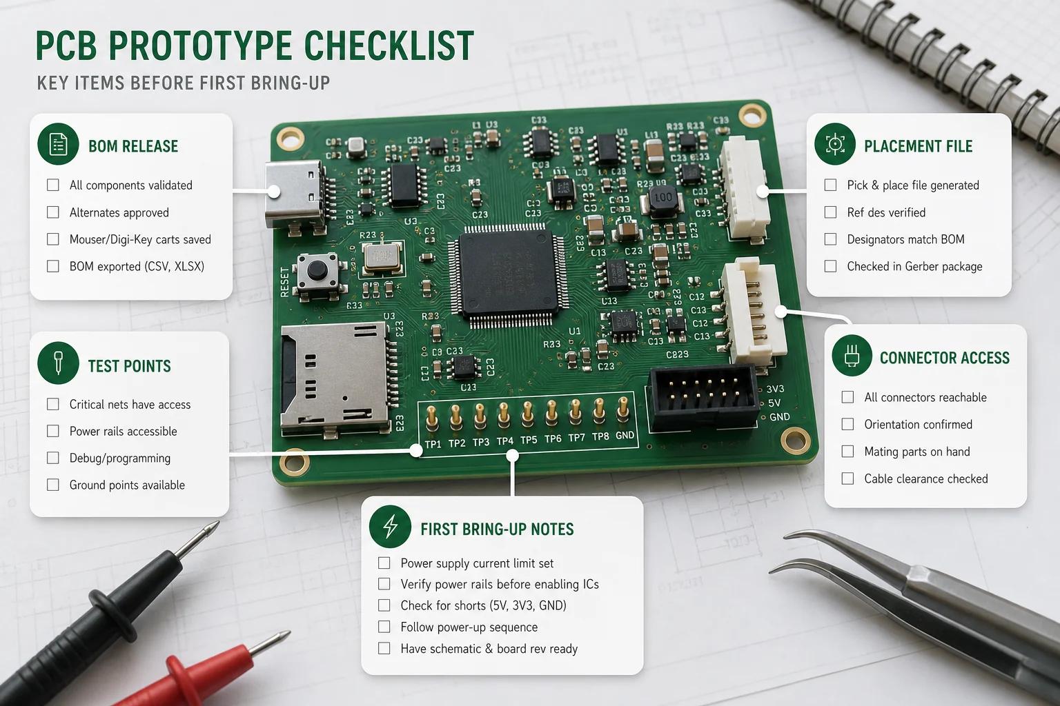 Technical graphic showing a prototype PCB review checklist with BOM data, placement files, test access, and assembly notes