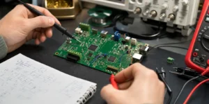 PCB Repair 17 Engineer inspecting a freshly assembled prototype PCB beside measurement tools and marked review notes