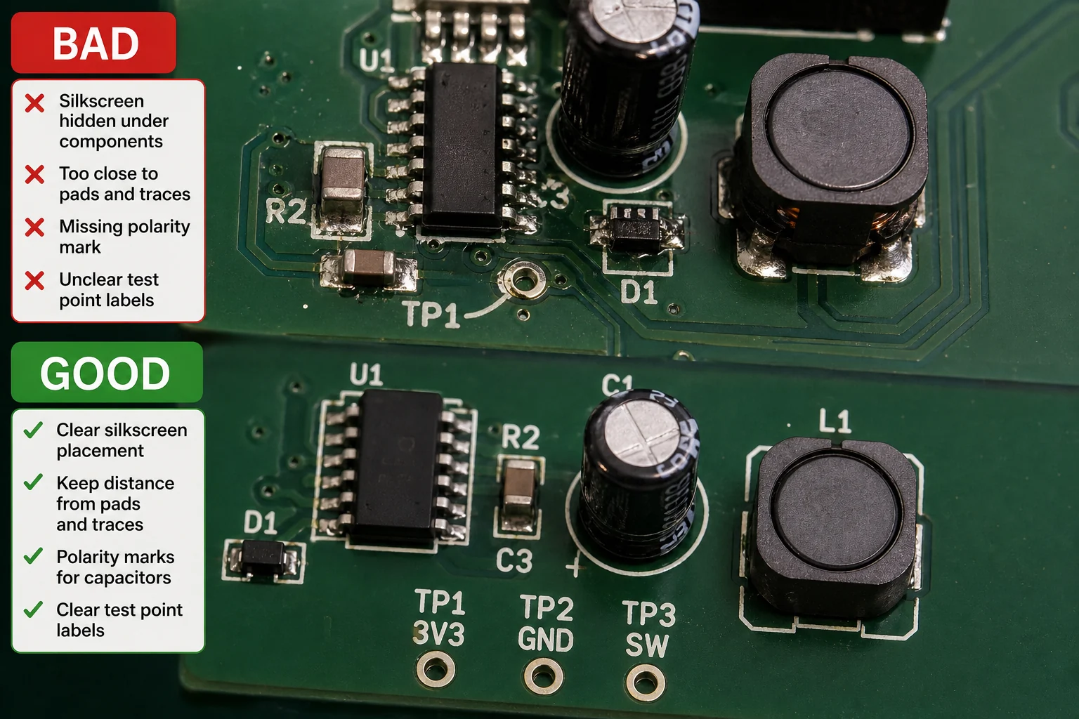 Comparison of poor and improved PCB silkscreen placement around components and test points