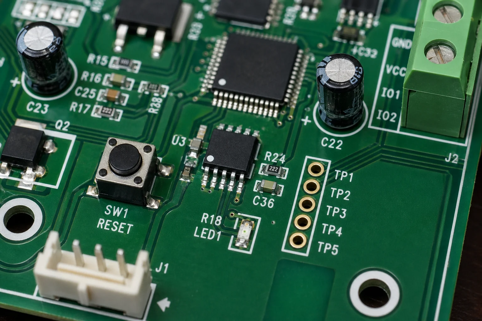 Macro view of a printed circuit board with clear silkscreen labels, polarity marks, and test-point names