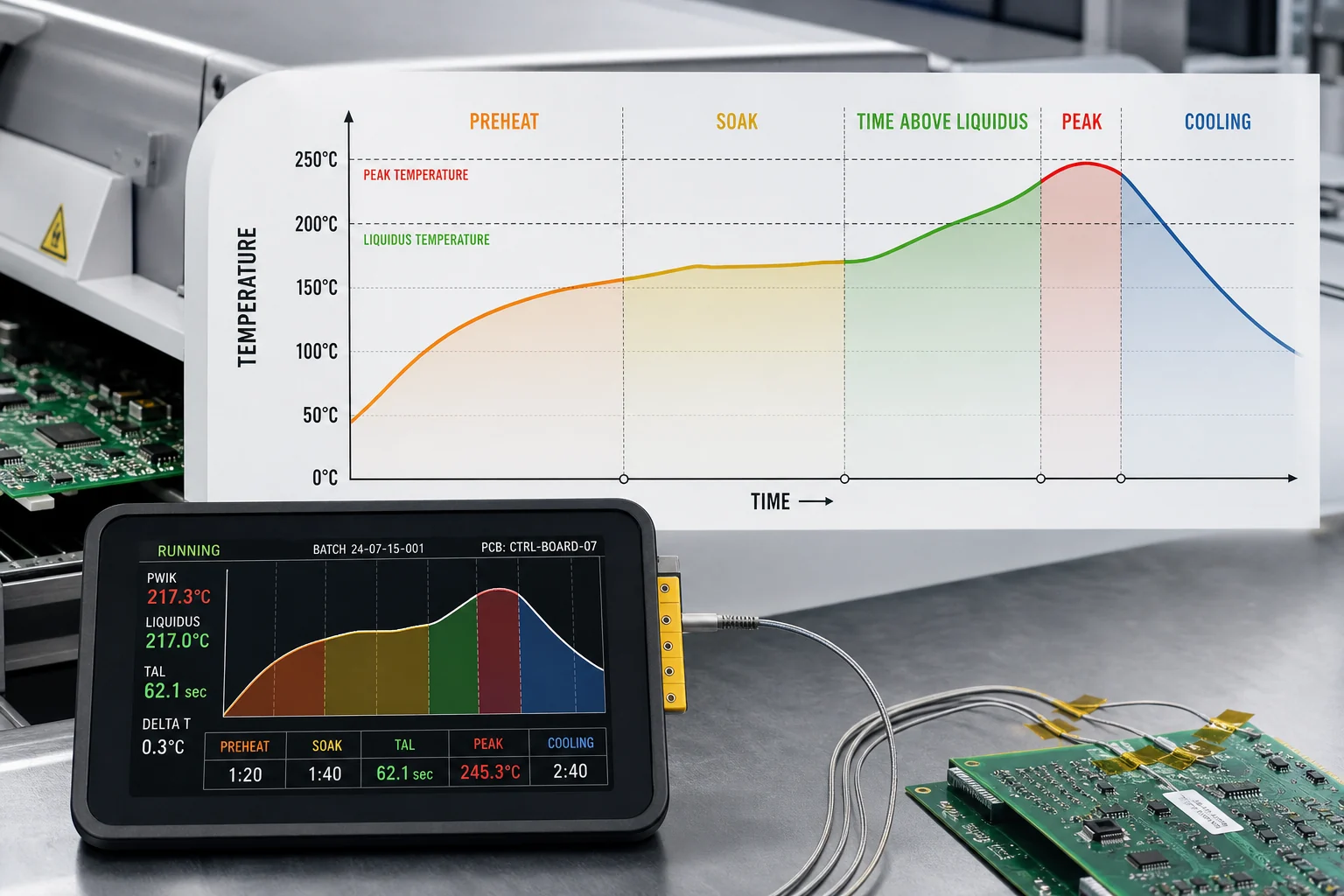 A Reflow Machine Cannot Rescue a Bad Paste Print or a Weak Thermal Plan 1 Technical graphic showing a PCB reflow profile with preheat, soak, time above liquidus, peak temperature, and cooling zones