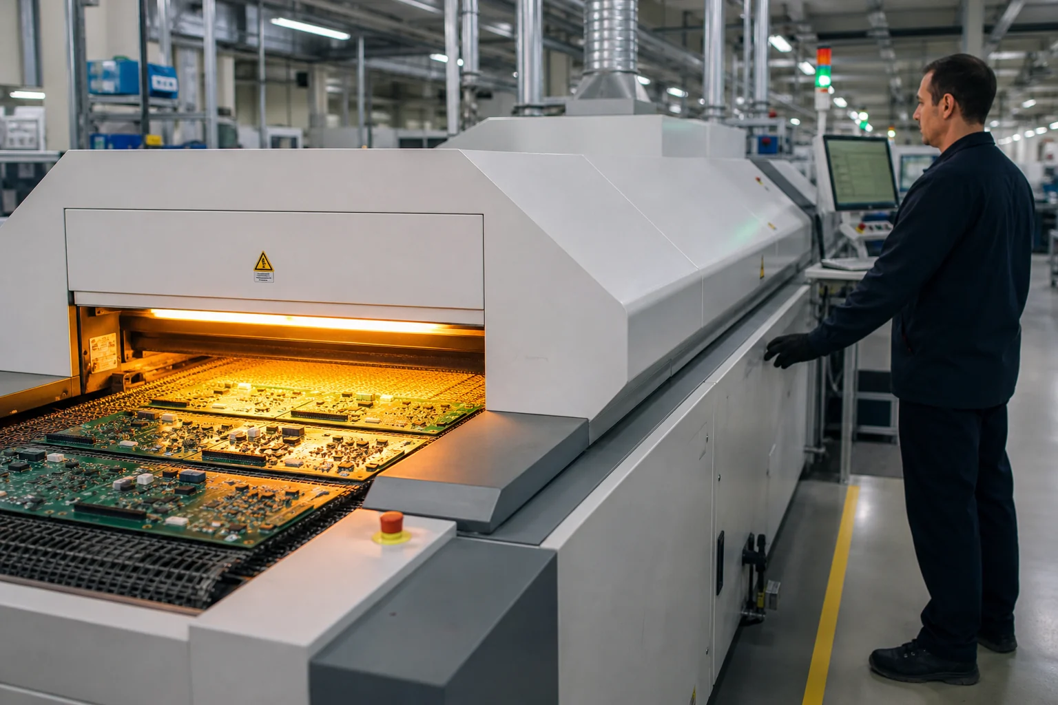 PCB Design 17 Technician monitoring a reflow machine profile while populated PCB panels enter the heating zones of an SMT line