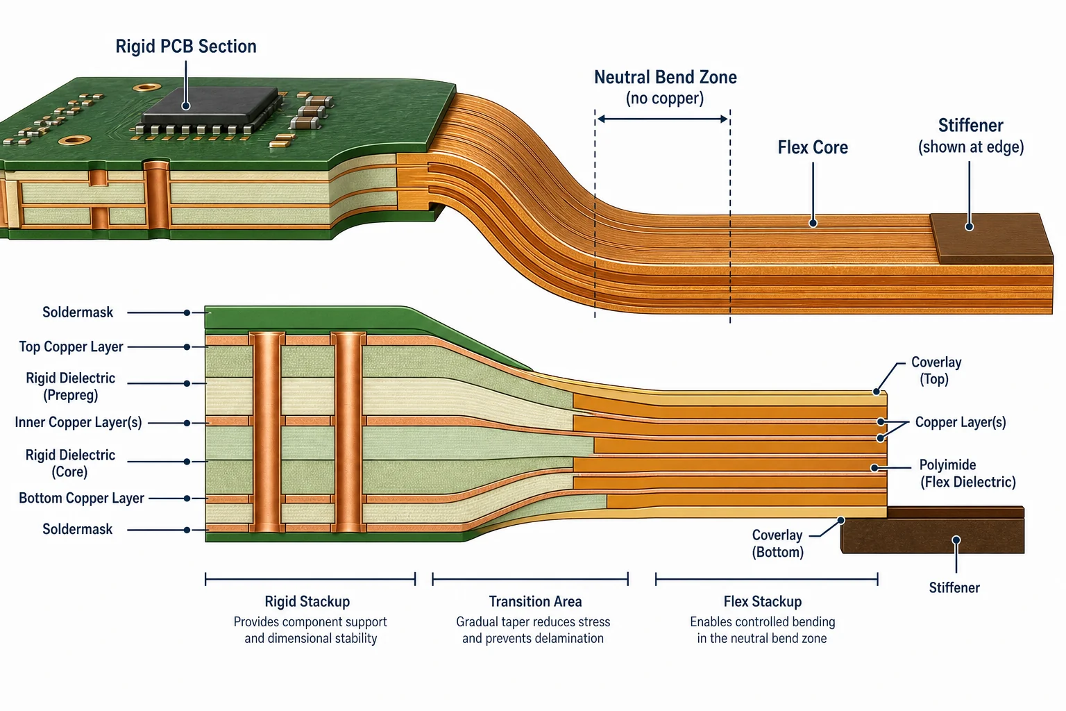 Rigid-flex PCB stackup cross-section showing coverlay, polyimide, copper layers, and transition zone