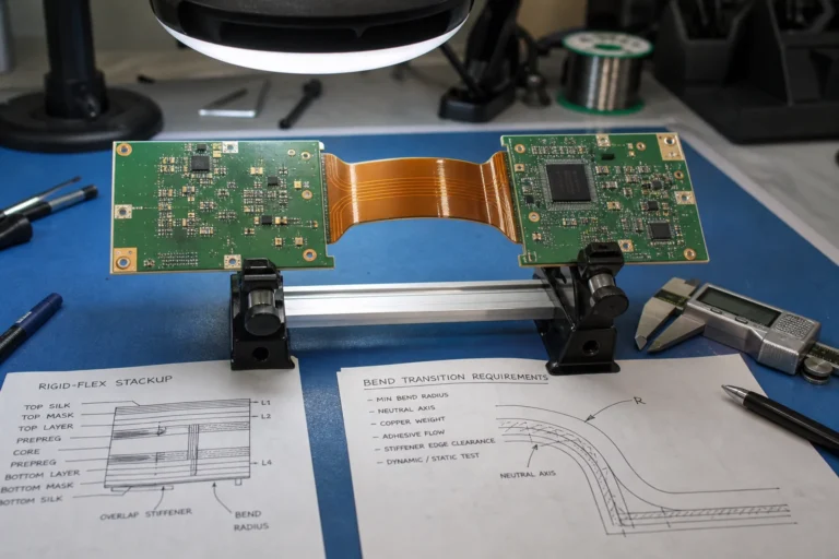 PCB Blog 7 Rigid-flex PCB clamped on an engineering bench to review bend transition and stackup reliability