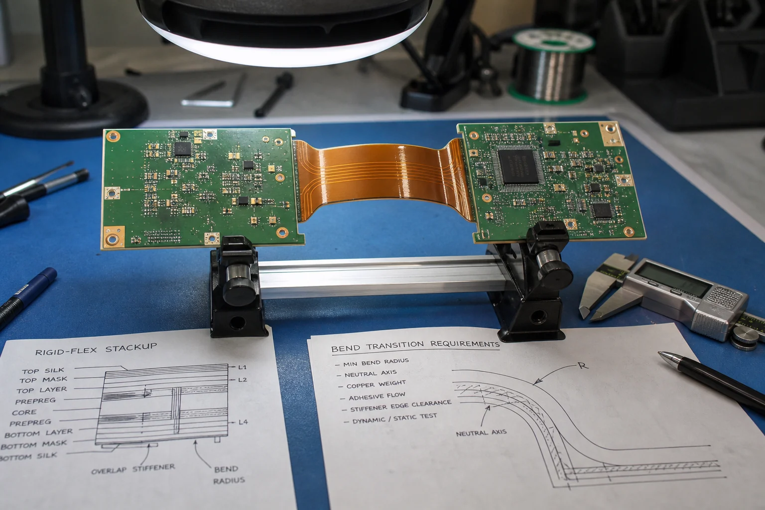 Rigid-flex PCB clamped on an engineering bench to review bend transition and stackup reliability