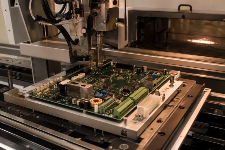 Manufacturing scene showing a mixed-technology PCB prepared for through-hole soldering with industrial soldering equipment in view.