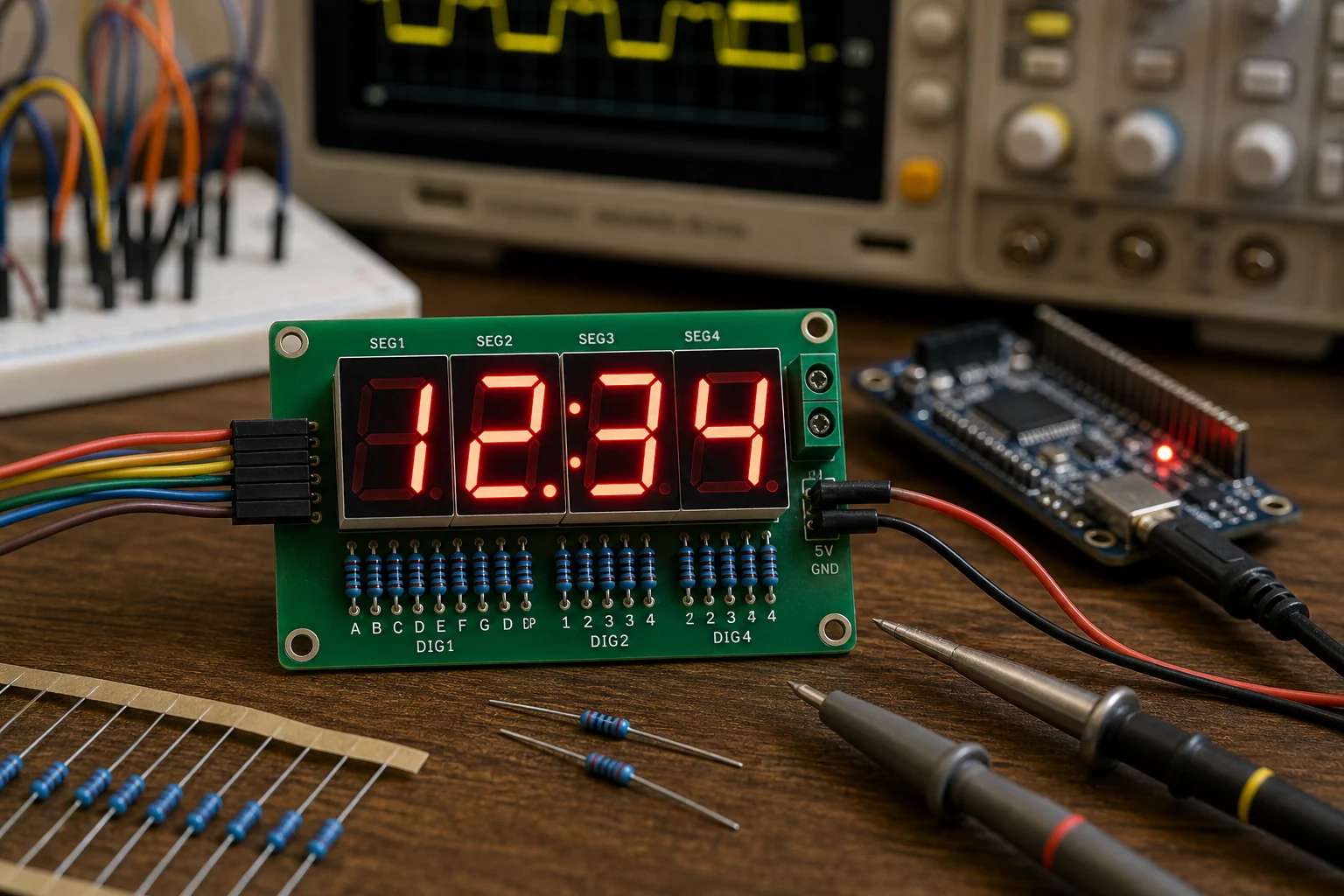 Illuminated seven segment display module on a test PCB with probes, resistors, and microcontroller nearby