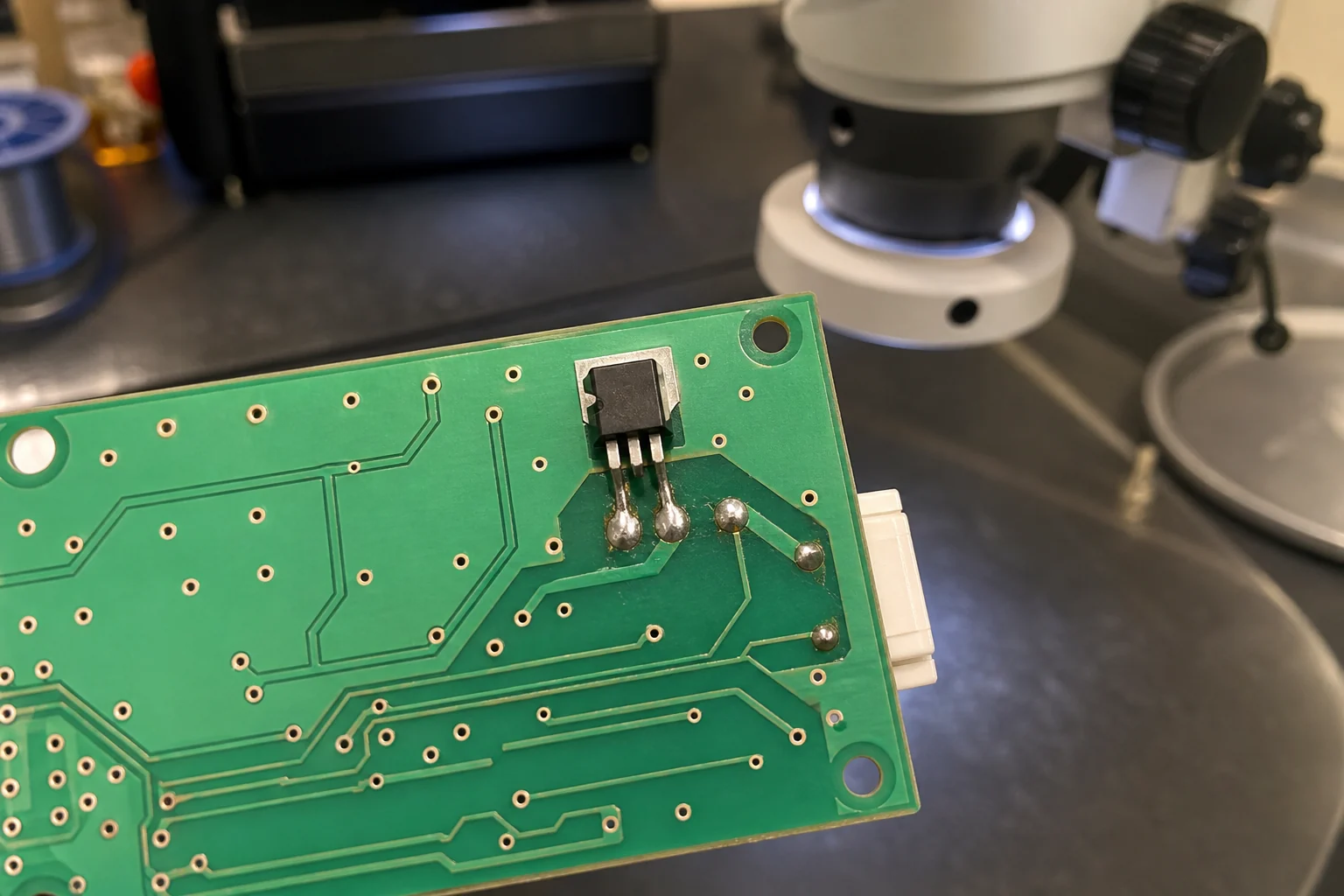 The Smallest Through-Hole N-Channel MOSFET Is Rarely the Safest Choice 1 Through-hole MOSFET solder joints on a prototype PCB under inspection