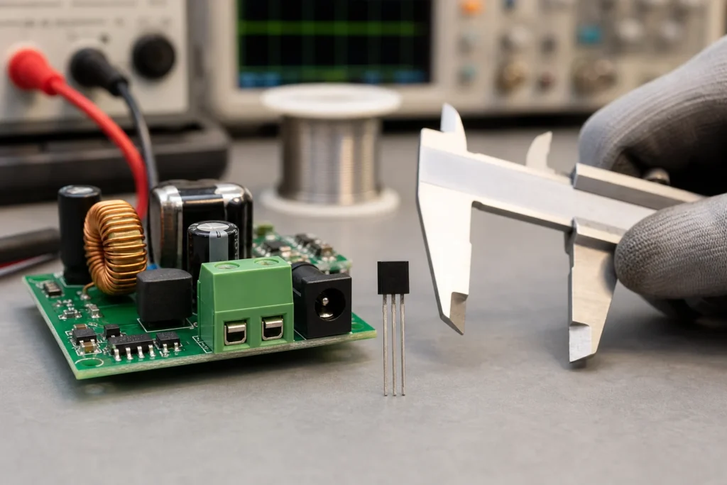 Compact through-hole N-channel MOSFET beside a prototype power board and calipers