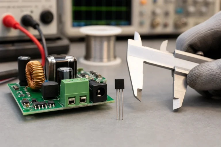 Home 10 Compact through-hole N-channel MOSFET beside a prototype power board and calipers