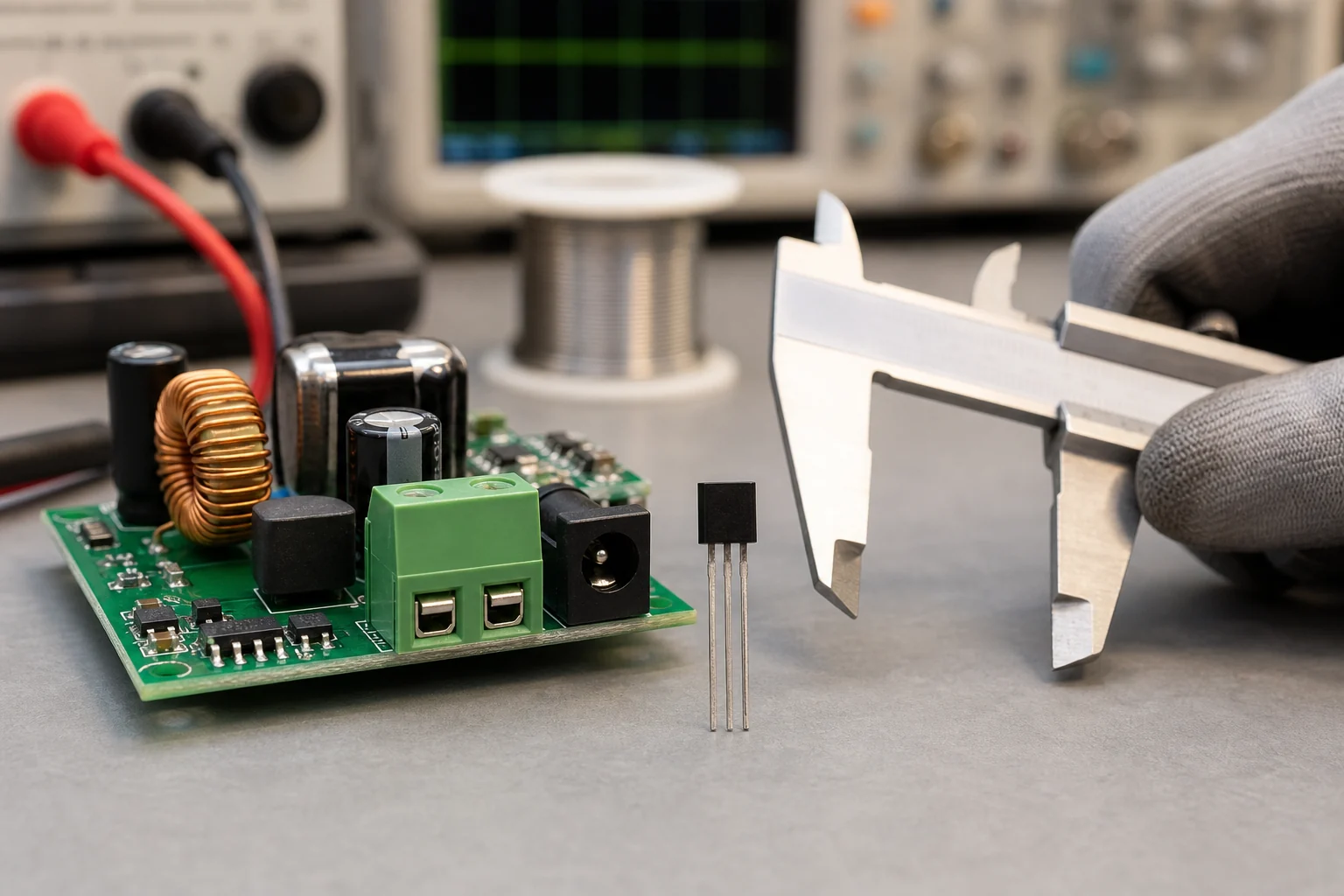 Compact through-hole N-channel MOSFET beside a prototype power board and calipers