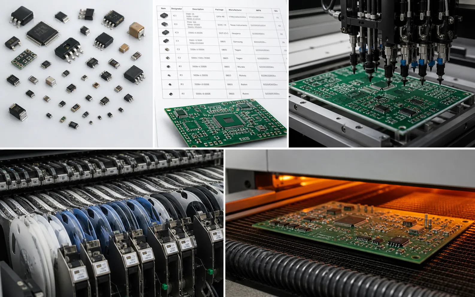 Technical graphic showing BOM, placement data, stencil notes, and reflow process steps to explain where SMD and SMT terminology belongs