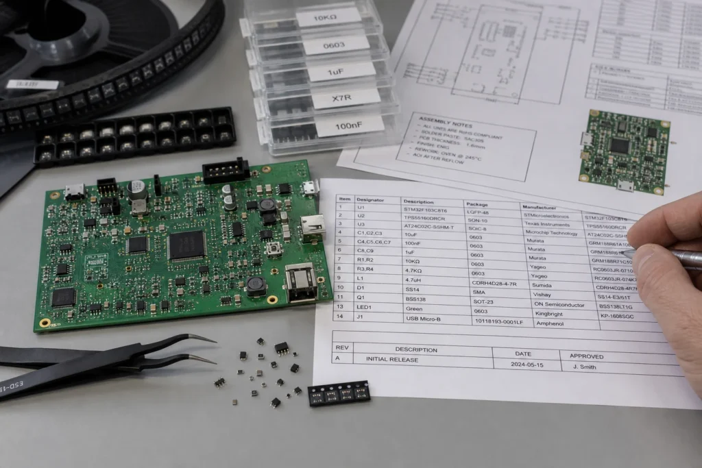SMD and SMT Stop Being the Same Thing Once the Build Leaves Your Screen 2 Engineer reviewing surface mount parts, assembly files, and process notes to separate SMD component choices from SMT manufacturing steps