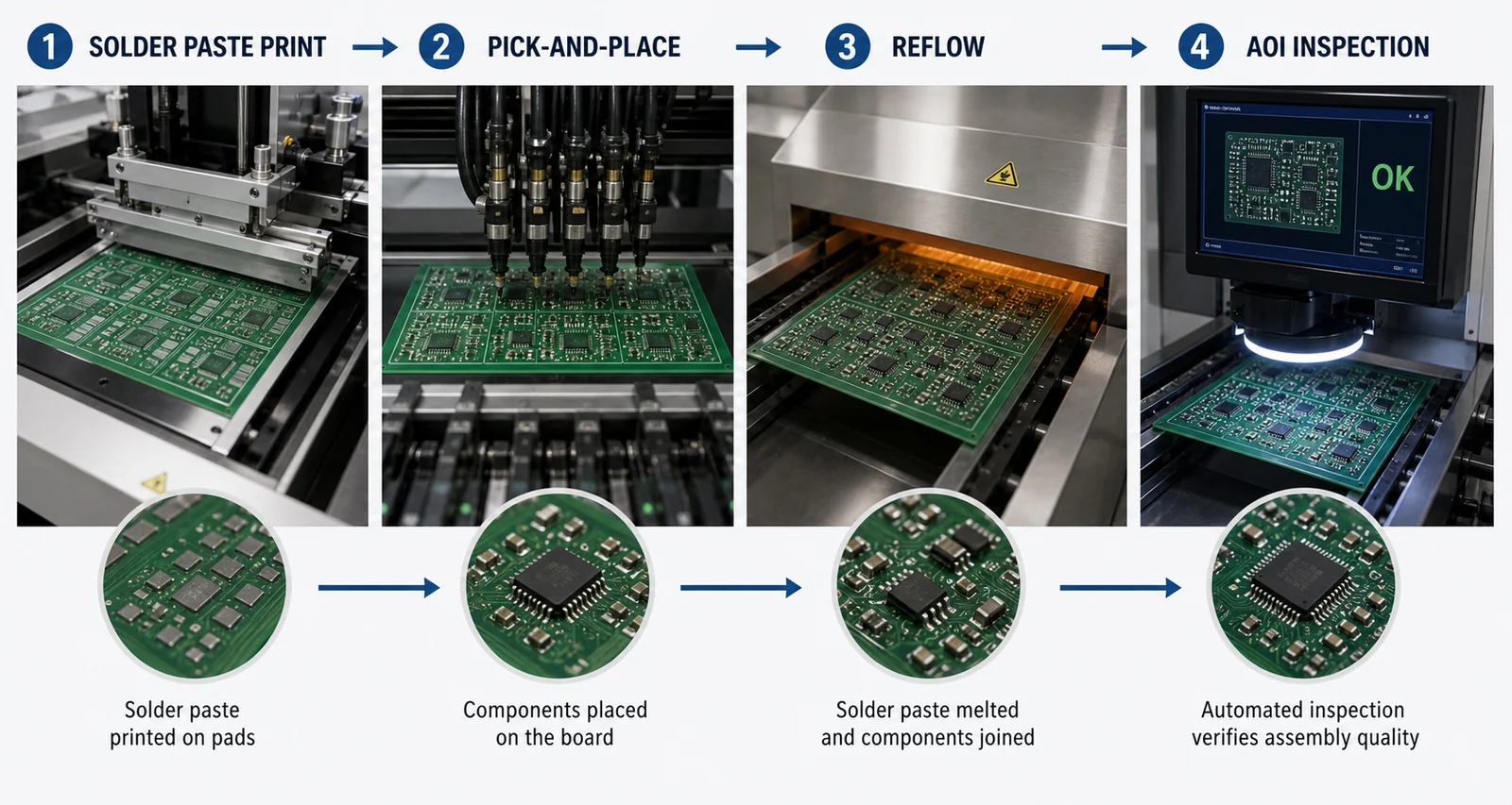 Technical graphic of SMT assembly flow connecting solder paste printing, pick and place, reflow, AOI, and rework decisions