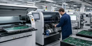 PCB Repair 16 Technicians and automated equipment preparing PCB panels on an SMT assembly line before reflow