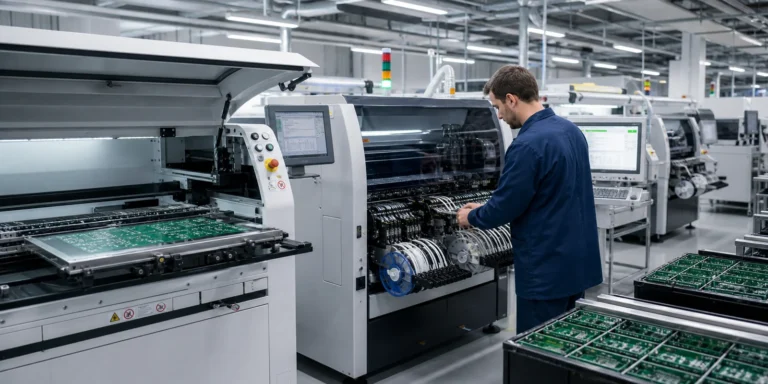 Technicians and automated equipment preparing PCB panels on an SMT assembly line before reflow