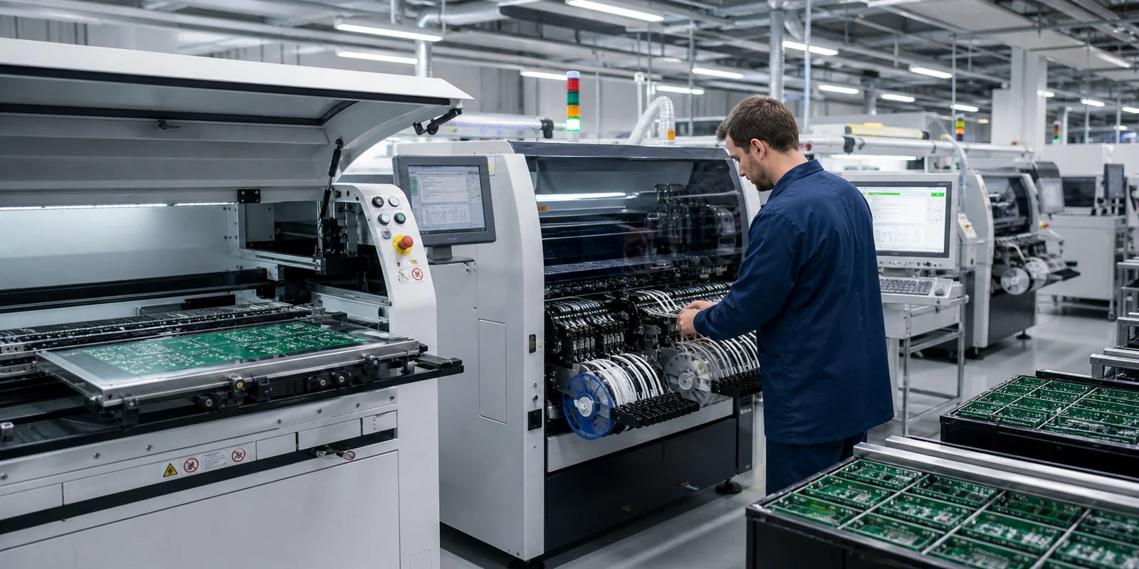 Technicians and automated equipment preparing PCB panels on an SMT assembly line before reflow