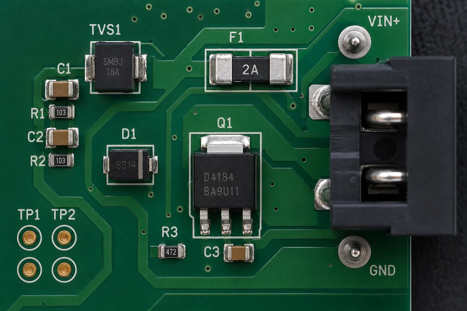 Choosing an SMT Fuse Means Matching Fault Energy, Inrush, and Rework Reality 1 Macro top view of a PCB power-input section showing an SMT fuse, TVS device, test pads, and connector